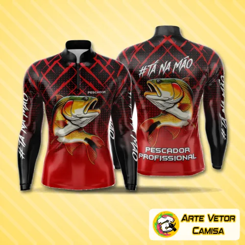 Camisa esportiva com logo no peito e estampa grande nas costas apresentando design moderno para pesca, cores vibrantes e estilo arrojado ideal para quem busca conforto e destaque nas atividades ao ar livre.