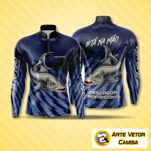 Camisa esportiva com logo no peito e estampa grande nas costas que destaca um design moderno e vibrante ideal para a pesca, combinando estilo e conforto na peça final.