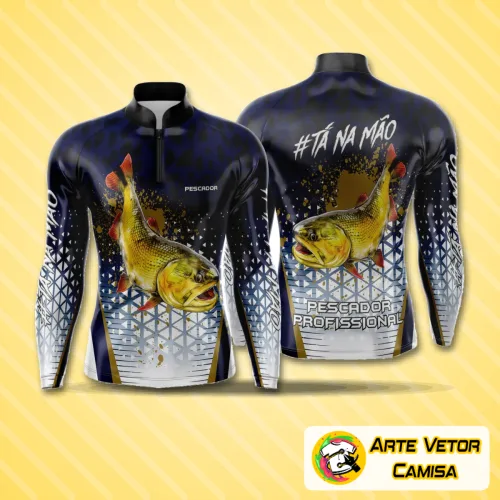 Camiseta de pesca esportiva com logo no peito e estampa grande nas costas destacando um design moderno e vibrante ideal para amantes da pesca.