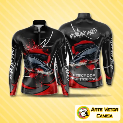 Camisa de pesca esportiva com logo no peito e estampa grande nas costas, design moderno e vibrante ideal para amantes da pesca que buscam estilo e funcionalidade em suas peças.