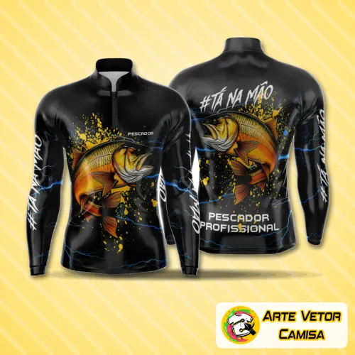 Camisa esportiva de pesca com logo no peito e estampa grande nas costas, perfeita para quem busca estilo e conforto durante a pesca.