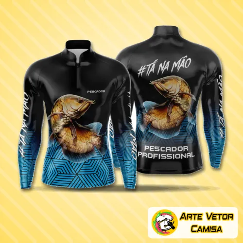Camisa esportiva com logo no peito e estampa grande nas costas, combinando visual moderno e funcional para amantes da pesca esportiva em ambientes ao ar livre.