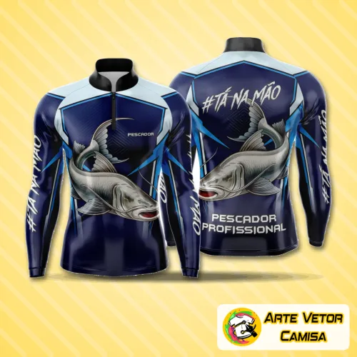Camisa de pesca esportiva azul com logo no peito e estampa grande nas costas em tons vibrantes, ideal para amantes da pesca e atividades ao ar livre.
