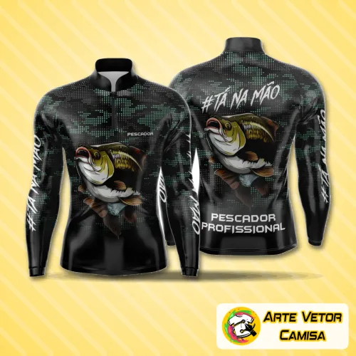 Camisa de pesca esportiva com logo no peito e estampa grande nas costas, design moderno e vibrante, perfeita para aventureiros que buscam conforto e estilo em suas jornadas de pesca.