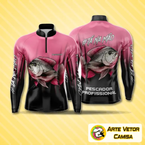 Camisa de pesca esportiva com logo no peito e estampa grande nas costas apresentando design moderno e vibrante, ideal para atividades ao ar livre e esportivas.