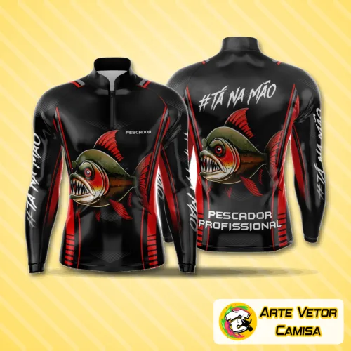 Camisa de pesca esportiva com logo no peito e estampa grande nas costas, combinando estilo e funcionalidade para aventuras ao ar livre.