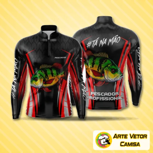 Camisa esportiva de pesca com logo no peito e estampa grande nas costas, em cores vibrantes que destacam a paixão pela pesca em alto estilo.