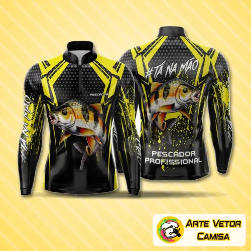 Camisa de pesca esportiva com logo no peito e estampa grande nas costas, ideal para quem busca estilo e conforto em suas aventuras de pesca ao ar livre.