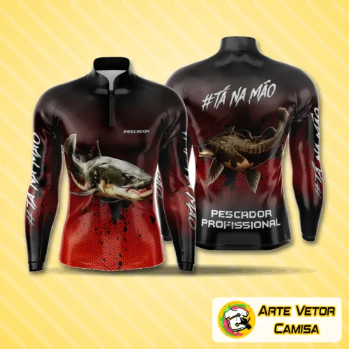 Camisa de pesca esportiva com logo no peito e estampa grande nas costas, destacando estilo único e vibrante para amantes da pesca.