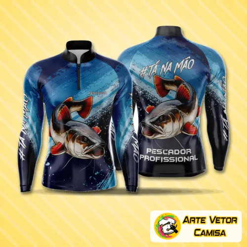 Camisa esportiva com logo no peito e estampa grande nas costas, perfeita para momentos de pesca ao ar livre com design moderno e vibrante que destaca sua paixão pelo esporte.