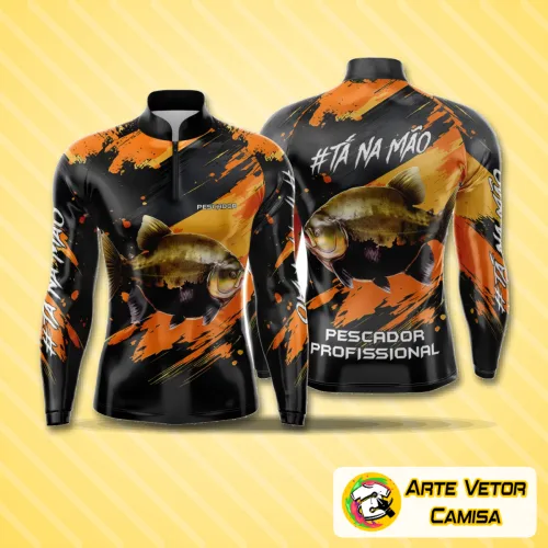 Camisa com logo no peito e estampa grande nas costas, ideal para pesca esportiva, apresentando design moderno e cores vibrantes que chamam atenção em qualquer embarcação ou ambiente ao ar livre.