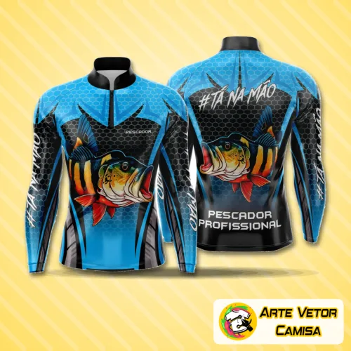 Camisa esportiva com logo no peito e estampa grande nas costas, apresentando design moderno e atraente ideal para quem ama pesca.