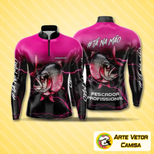 Camisa de pesca esportiva com logo no peito e estampa grande nas costas, exibindo design vibrante e moderno, perfeita para quem busca estilo e conforto em dias de pesca e lazer ao ar livre.