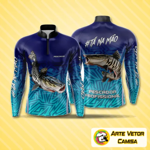 Camisa de pesca esportiva com design moderno, apresentando logo no peito e estampa grande nas costas, que destacam a paixão pelo esporte com cores vibrantes e detalhes marcantes.