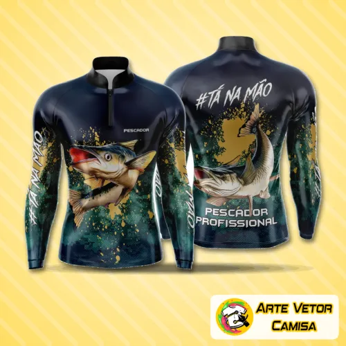 Imagem da camisa com logo no peito e estampa grande nas costas, exibindo design esportivo ideal para pesca com cores vibrantes e estilo moderno que destaca cada detalhe em atividades ao ar livre.