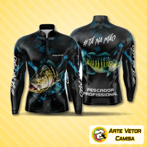 Camisa de pesca esportiva com logo no peito e estampa grande nas costas, mostrando design moderno e cheio de estilo, ideal para os amantes da pesca e aventuras ao ar livre.