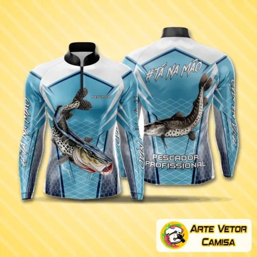 Camisa para pesca esportiva com logo no peito e estampa grande nas costas, mostrando design moderno e funcional, perfeita para amantes da pesca que buscam estilo e conforto em uma peça única.