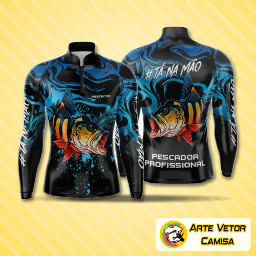 Camisa de pesca com logo no peito destacado e estampa grande nas costas que remete ao esporte, combinando estilo e funcionalidade para amantes de pescaria.
