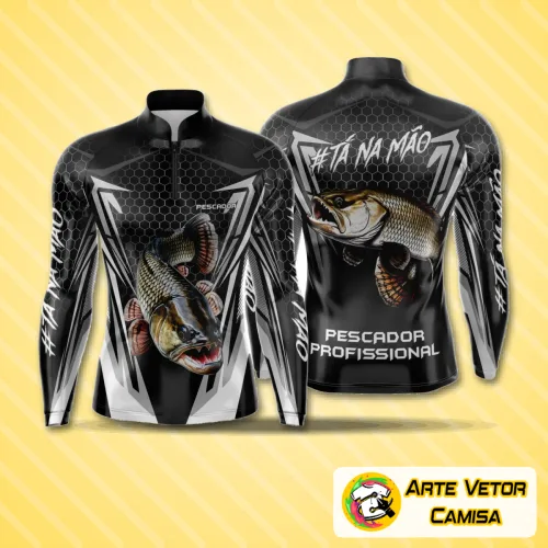 Camisa de pesca esportiva com logo no peito e estampa grande nas costas, evidenciando um design moderno e vibrante ideal para aventureiros que amam estar na natureza com estilo e conforto.