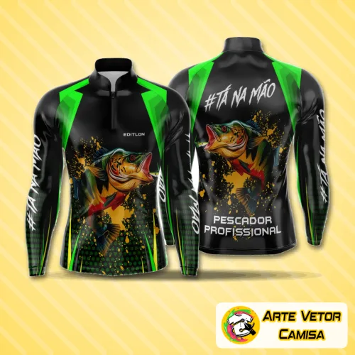 Camisa com logo no peito e estampa grande nas costas, perfeita para atividades de pesca esportiva, exibindo design moderno e cores vibrantes que chamam a atenção durante o uso.