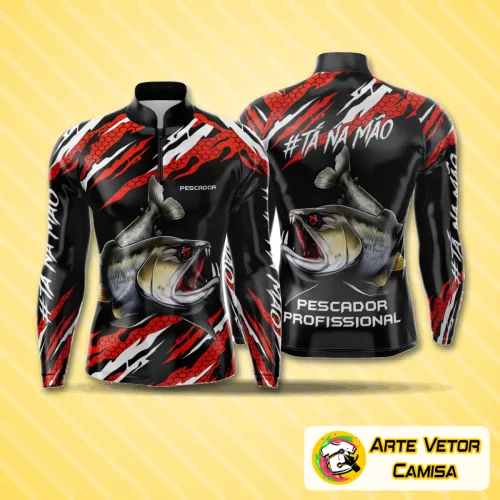 Camisa de pesca esportiva com logo discreto no peito e estampa grande nas costas que destaca elementos ligados à pesca. Visual moderno com cores vibrantes ideal para amantes da pesca esportiva.
