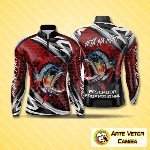 Camisa de pesca esportiva com logo no peito e estampa grande nas costas, ideal para atividades ao ar livre e estilo aventureiro, destacando design moderno e esportivo.