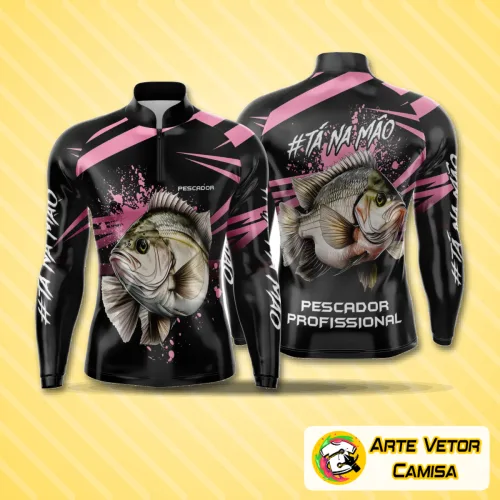 Camiseta de pesca esportiva com logo no peito e estampa grande nas costas, ideal para esportistas que buscam conforto e estilo na hora da pescaria em ambientes naturais e ao ar livre.