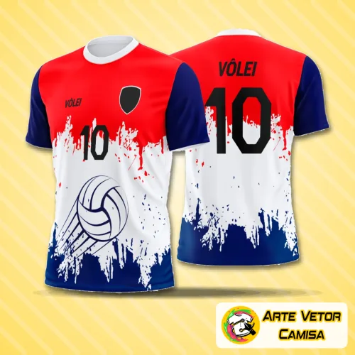 Camisa de vôlei com logo no peito e estampa grande nas costas, exibindo design moderno e cores vibrantes que destacam a identidade esportiva de forma elegante e atraente.