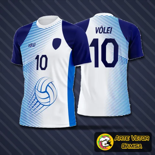 Camisa de vôlei com logo no peito e estampa grande nas costas, com design moderno que destaca cores vibrantes e linhas dinâmicas, ideal para equipes esportivas que querem estilo e personalidade na quadra.