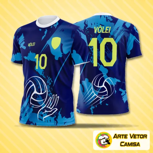 Camiseta de vôlei com logo no peito e estampa grande nas costas exibindo design moderno e cores vibrantes, perfeita para quem busca um visual atual e esportivo.