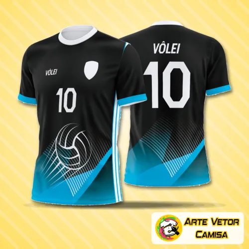 Camisa de vôlei com logo no peito e estampa grande nas costas, exibindo design moderno e exclusivo para destacar sua equipe com estilo e personalidade marcante.