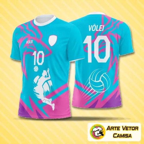 Camiseta de vôlei com logo no peito e estampa grande nas costas, trazendo design moderno e vibrante, perfeita para destacar seu time ou estilo pessoal durante jogos e treinos.