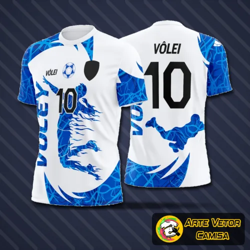 Camisa de vôlei com logo no peito e estampa grande nas costas, destaque para design moderno e cores vibrantes que realçam o estilo esportivo e atraente da peça.