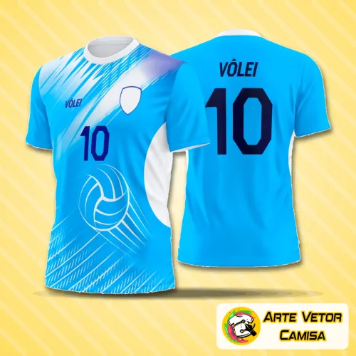 Camisa de vôlei com logo no peito e estampa grande nas costas em design moderno, destacando cores vibrantes e estilo esportivo proporcional para times e praticantes.