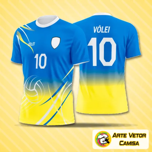 Camiseta de vôlei com design moderno, exibindo logo no peito e uma estampa grande nas costas que destaca o estilo esportivo e vibrante do uniforme.