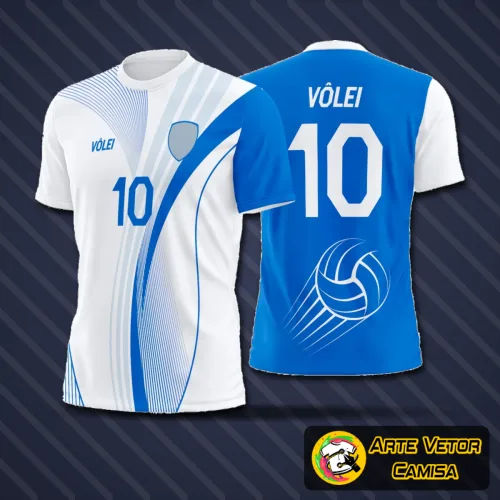 Camisa de vôlei com logo no peito e estampa grande nas costas, design moderno e dinâmico, ideal para times que buscam estilo e conforto durante as partidas e treinos.