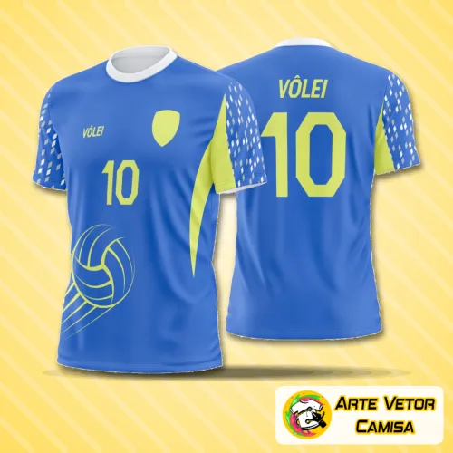Camisa esportiva com logo no peito em destaque e estampa grande nas costas, exibindo design moderno e arrojado ideal para jogos de vôlei com cores vibrantes e visual marcante.