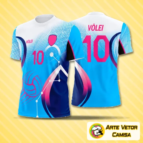 Camisa de vôlei com logo no peito e estampa grande nas costas em design moderno e atraente, apresentando cores vibrantes e detalhes que destacam o estilo esportivo e personalizado para equipes ou fãs do esporte.