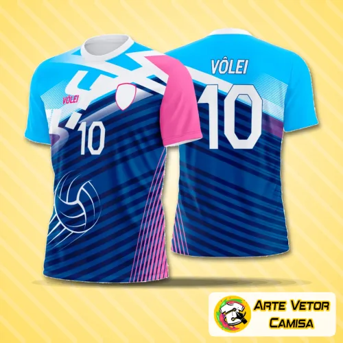 Camiseta de vôlei com logo no peito destacando a equipe, estampa grande e vibrante nas costas mostrando design dinâmico e moderno, perfeita para atletas e fãs do esporte.