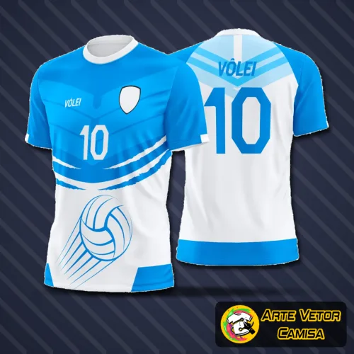 Camisa de vôlei com logo no peito em destaque e estampa grande nas costas com design moderno e arrojado, combinando cores vibrantes e linhas estilizadas para um visual único e impactante.