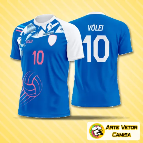 Camisa de vôlei com logo no peito e estampa grande nas costas, design moderno e estiloso, ideal para equipes que buscam visual diferenciado e marcante nas quadras.