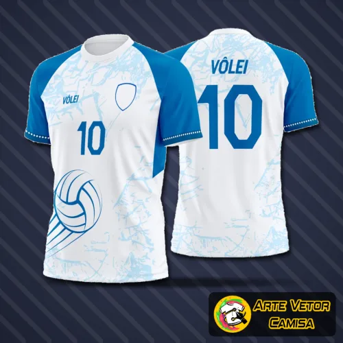 Camisa de vôlei com logo no peito e estampa grande nas costas, exibindo design moderno e vibrante em cores ousadas ideal para times e eventos esportivos.