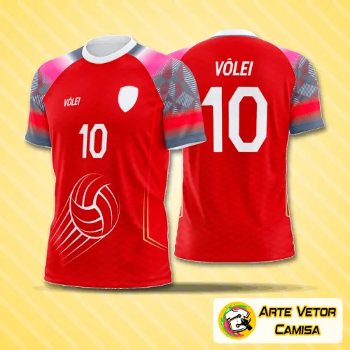 Camisa de vôlei com logo no peito e estampa grande nas costas, apresentando design moderno e arrojado em cores vibrantes, ideal para times que buscam estilo e identidade marcante durante os jogos.