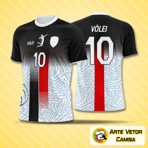 Camiseta de vôlei com logo no peito e estampa grande nas costas, exibindo design moderno e traços vibrantes, ideal para destacar sua equipe nas quadras com estilo e personalidade marcantes.