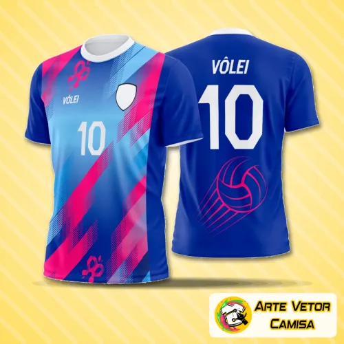 Camisa de vôlei com logo no peito e estampa grande nas costas, destacando um design moderno e arrojado, perfeito para equipes que buscam estilo e impacto visual dentro de quadra.