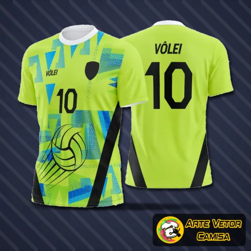 Camisa de vôlei com logo no peito e estampa grande nas costas exibindo design moderno e estilizado em tons vibrantes, ideal para quem busca personalidade e destaque na quadra