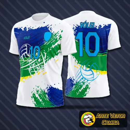 Camisa de vôlei com logo no peito e estampa grande nas costas, em estilo moderno e sofisticado, perfeita para destacar sua equipe durante os jogos com visual único e arrojado.