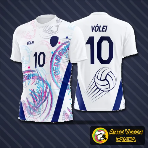 Camisa de vôlei com logo no peito e estampa grande nas costas, apresentando design moderno e cores vibrantes que destacam o estilo esportivo e personalizado do uniforme.