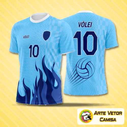 Camisa de vôlei com logo no peito e estampa grande nas costas, com design moderno e cores vibrantes que destacam o estilo esportivo e personalizado do uniforme.