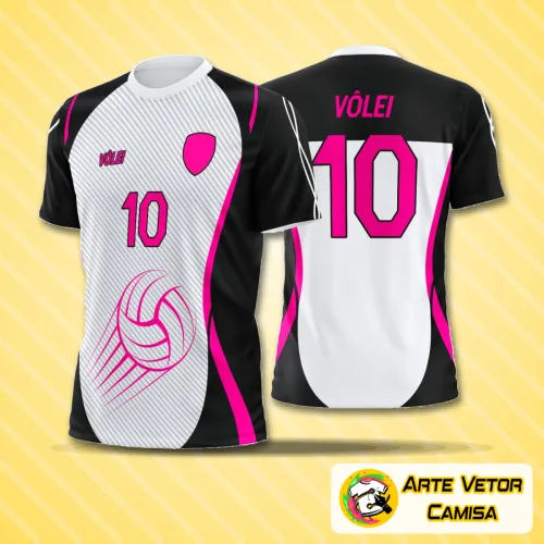 Camisa de vôlei com logo no peito e estampa grande nas costas que traz um design moderno e arrojado, combinando cores vibrantes e estilo esportivo para destaque nas quadras.